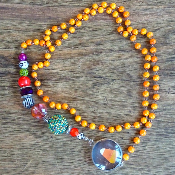 Orange Beaded Halloween Witchy Candy Corn Pumpkin Charm Long Layering Necklace - Picture 6 of 8